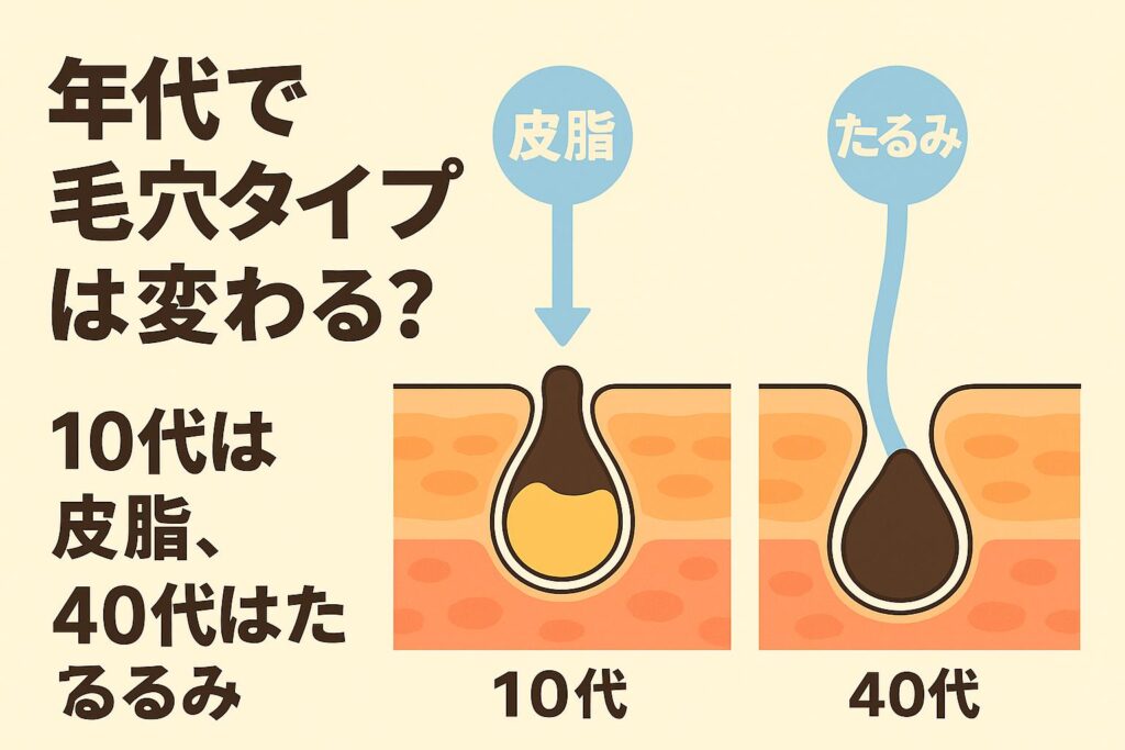 「年代で毛穴タイプは変わる？──10代は皮脂、40代はたるみ」を説明するイラスト。左側には10代の皮脂詰まり毛穴の断面図、右側には40代のたるみ毛穴の断面図が並んで描かれている。10代は皮脂分泌が多く詰まりやすい一方、40代は肌の支えが弱まり、毛穴が縦に伸びて見える“たるみ毛穴”になりやすいことを視覚的に比較した図。
