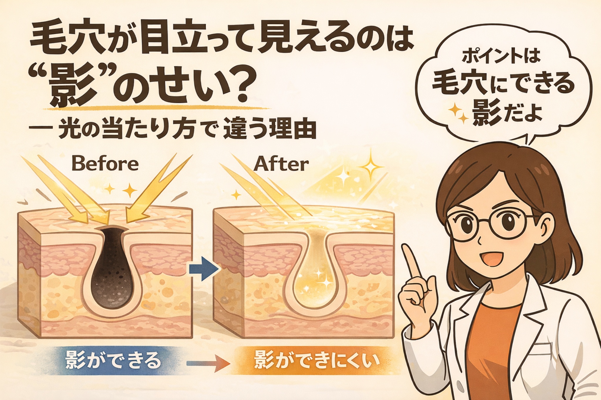 毛穴が目立って見えるのは影のせいなのかを解説する図解イラスト。光の当たり方によって毛穴内部に影ができる場合と、影ができにくい場合をBefore／Afterで比較し、白衣の女性がポイントを説明している。