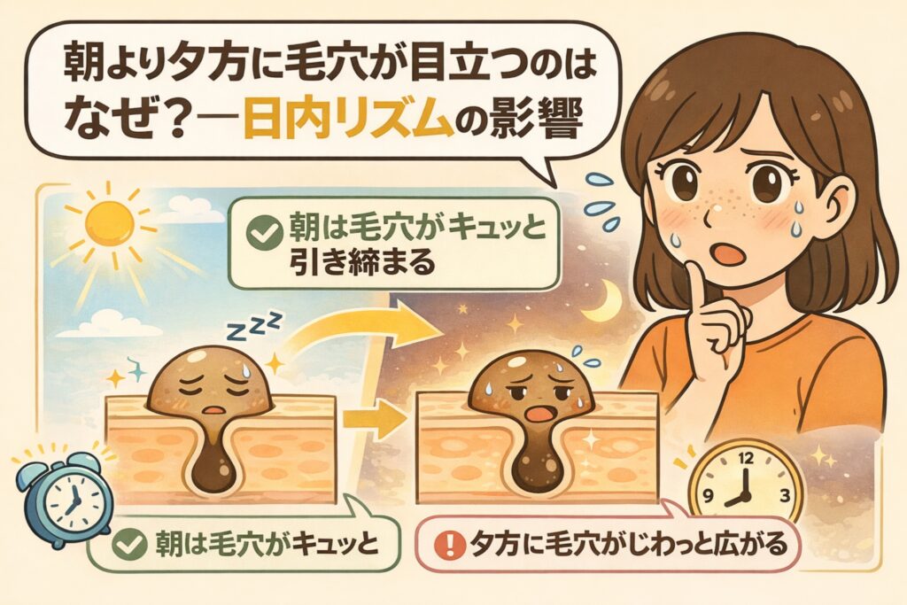 朝より夕方に毛穴が目立ちやすくなる理由を、日内リズムの影響から解説したイラスト。朝は自律神経の影響で毛穴が引き締まり、時間の経過とともに皮脂分泌や血流変化によって夕方には毛穴がじわっと広がって見える仕組みを、時間帯の対比と毛穴断面図で表現している。