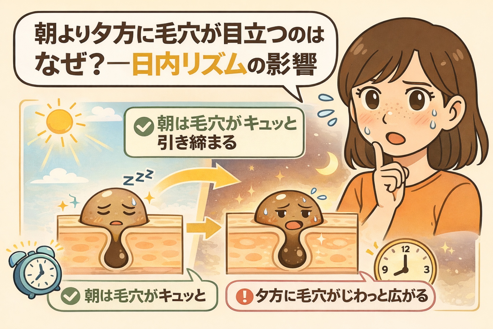 朝より夕方に毛穴が目立ちやすくなる理由を、日内リズムの影響から解説したイラスト。朝は自律神経の影響で毛穴が引き締まり、時間の経過とともに皮脂分泌や血流変化によって夕方には毛穴がじわっと広がって見える仕組みを、時間帯の対比と毛穴断面図で表現している。