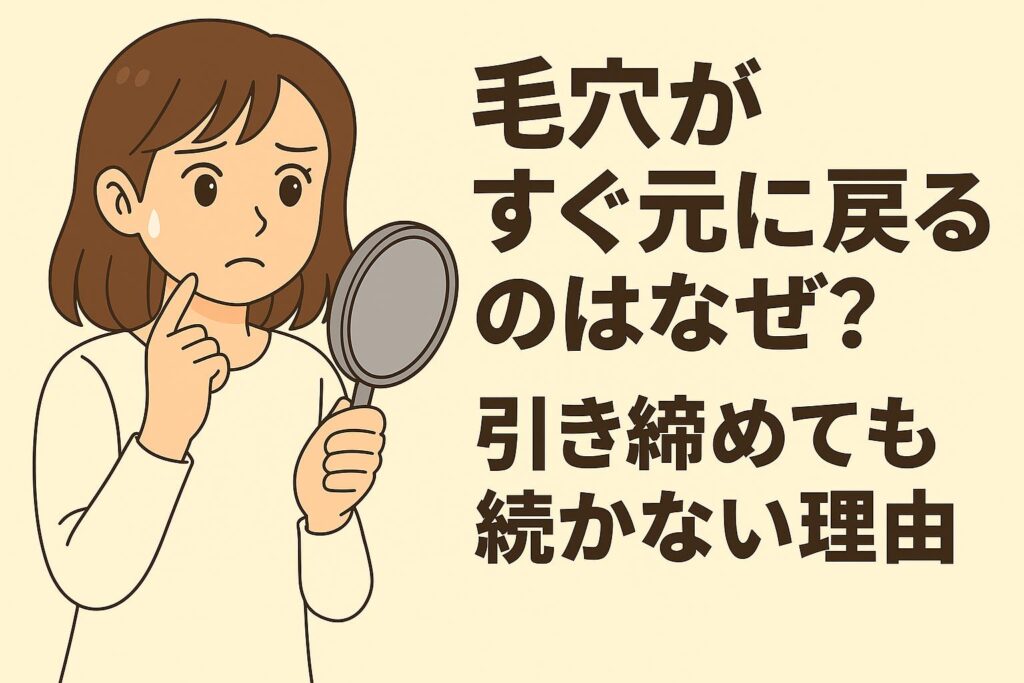 「毛穴がすぐ元に戻るのはなぜ？──引き締めても続かない理由」を説明するイラスト。左側では女性が鏡を見ながら毛穴の開きを気にしている様子。右側には大きなタイトルが配置され、毛穴ケアをしても一時的で戻ってしまう悩みを表現。毛穴の状態が一時的に変わっても“構造的な要因”で元に戻りやすいことを示唆する内容のビジュアル。