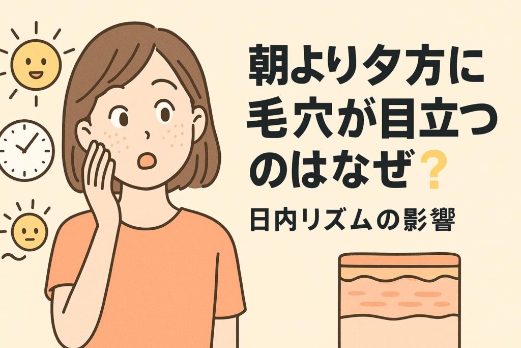 「朝より夕方に毛穴が目立つのはなぜ？」をテーマにしたイラスト。左側に太陽と時計のアイコンが描かれ、時間の経過を示している。中央の女性は夕方の肌変化に驚いた表情で頬を触っている。右側には皮膚断面図があり、毛穴が少し開いた様子が表現されている。日内リズムによって毛穴の見え方が変わることを説明する構造的な図解。
