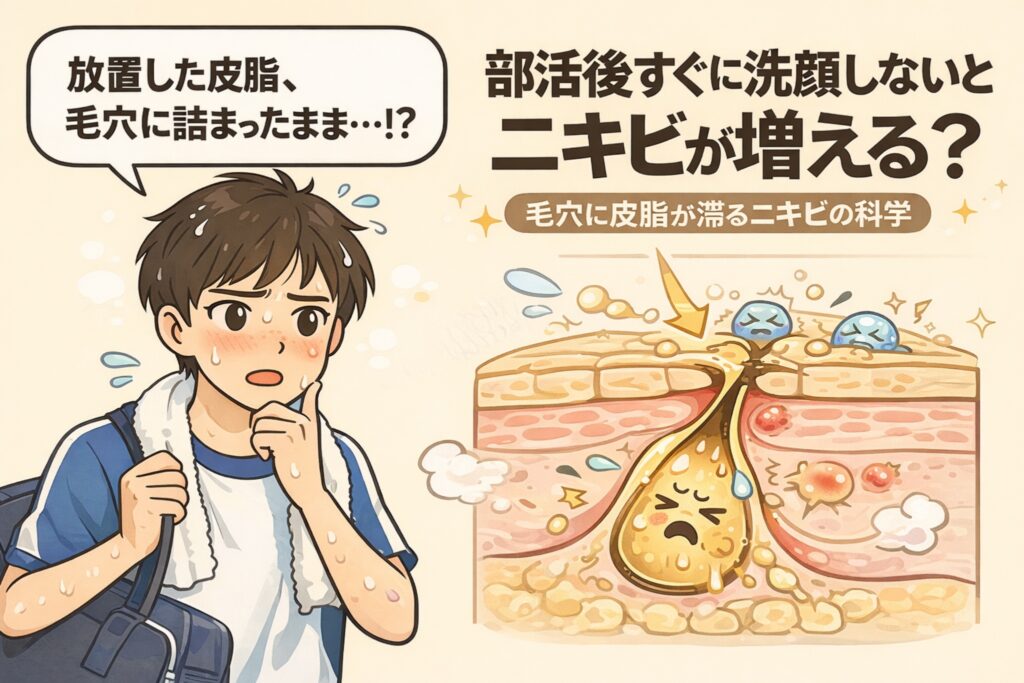 部活後にすぐ洗顔しないことでニキビが増えやすくなる理由を解説したイラスト。汗をかいた男子学生が悩む様子と、毛穴断面図で皮脂や汗が毛穴に滞留し、炎症やニキビにつながる構造が描かれている。運動後の皮脂放置がニキビリスクを高めることを示している。
