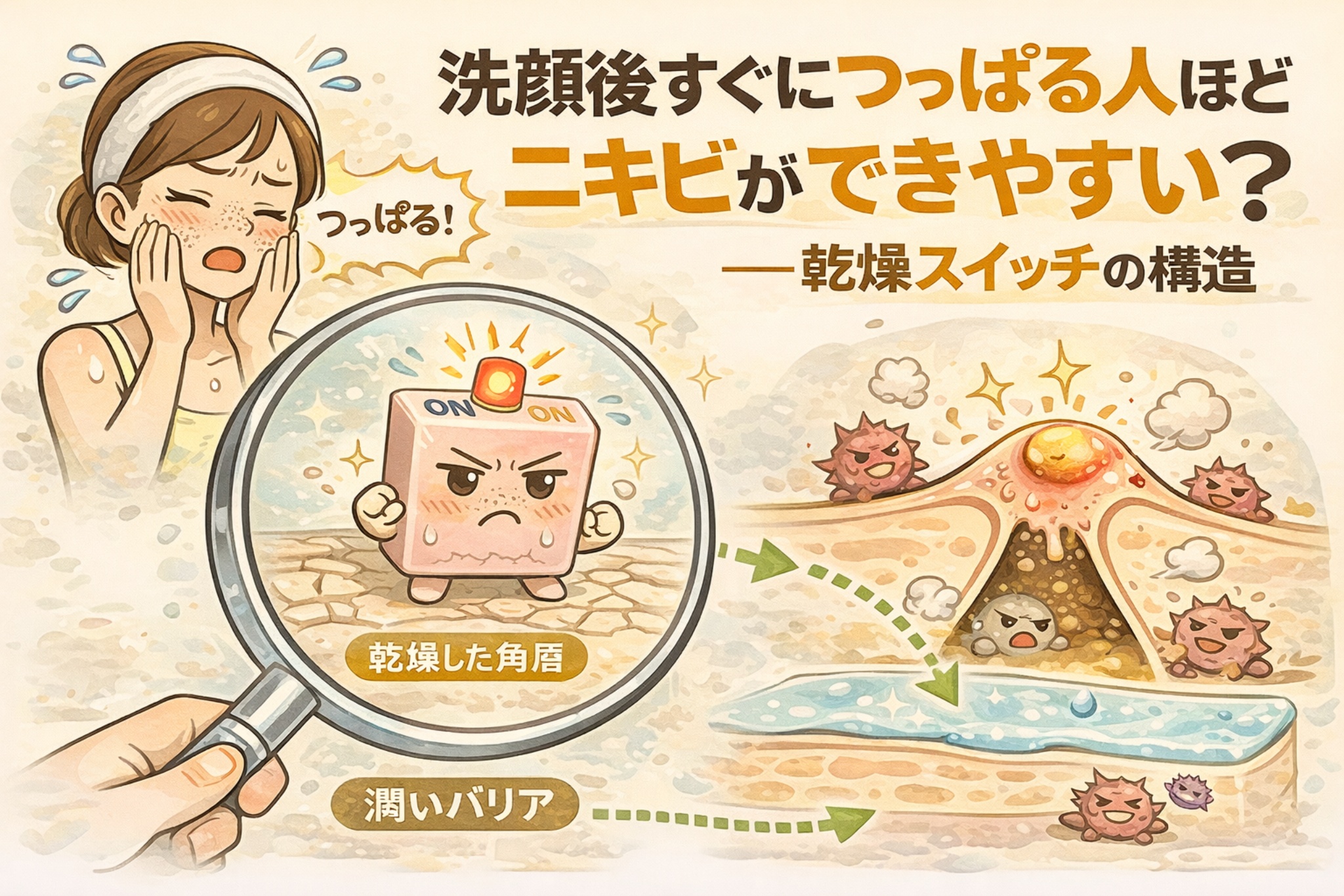 洗顔後につっぱる人ほどニキビができやすい理由を、乾燥スイッチの構造で解説したイラスト。洗顔後に頬のつっぱりを感じる女性と、乾燥した角層が皮脂分泌を促しニキビにつながる毛穴断面図が描かれている。