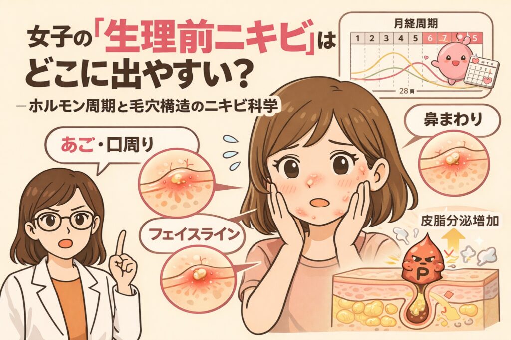 生理前にできやすいニキビの部位（あご・口周り・フェイスライン・鼻まわり）を、ホルモン周期と毛穴構造の観点から解説した図解イラスト。女性が肌トラブルに悩む様子と、皮脂分泌の増加やホルモンバランスの変化によってニキビが発生する仕組みを専門家が説明している。