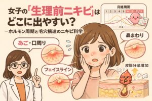 生理前にできやすいニキビの部位（あご・口周り・フェイスライン・鼻まわり）を、ホルモン周期と毛穴構造の観点から解説した図解イラスト。女性が肌トラブルに悩む様子と、皮脂分泌の増加やホルモンバランスの変化によってニキビが発生する仕組みを専門家が説明している。