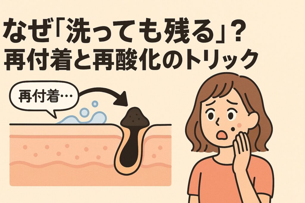 黒ずみ毛穴が「洗っても残る」理由を解説するイラスト。左には毛穴の断面図があり、泡の後に皮脂が再付着する様子を矢印で示し、「再付着…」という吹き出しが添えられている。右側ではオレンジ色の服の女性が驚いた表情で頬を押さえている。テキストには「なぜ『洗っても残る』？ 再付着と再酸化のトリック」と書かれている。