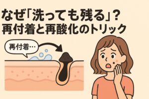 黒ずみ毛穴が「洗っても残る」理由を解説するイラスト。左には毛穴の断面図があり、泡の後に皮脂が再付着する様子を矢印で示し、「再付着…」という吹き出しが添えられている。右側ではオレンジ色の服の女性が驚いた表情で頬を押さえている。テキストには「なぜ『洗っても残る』？ 再付着と再酸化のトリック」と書かれている。