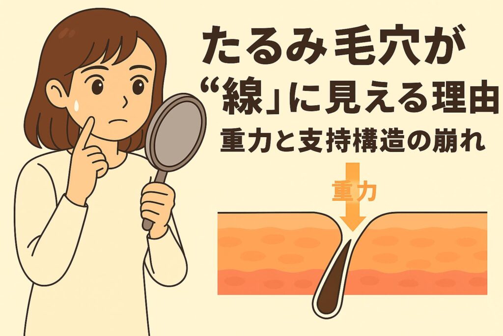 「たるみ毛穴を鏡で確認する女性。右側には皮膚断面図が描かれ、重力の影響で毛穴周囲の支持構造が下がり、毛穴が“線”のように見えるメカニズムを矢印で示して解説するイラスト。」