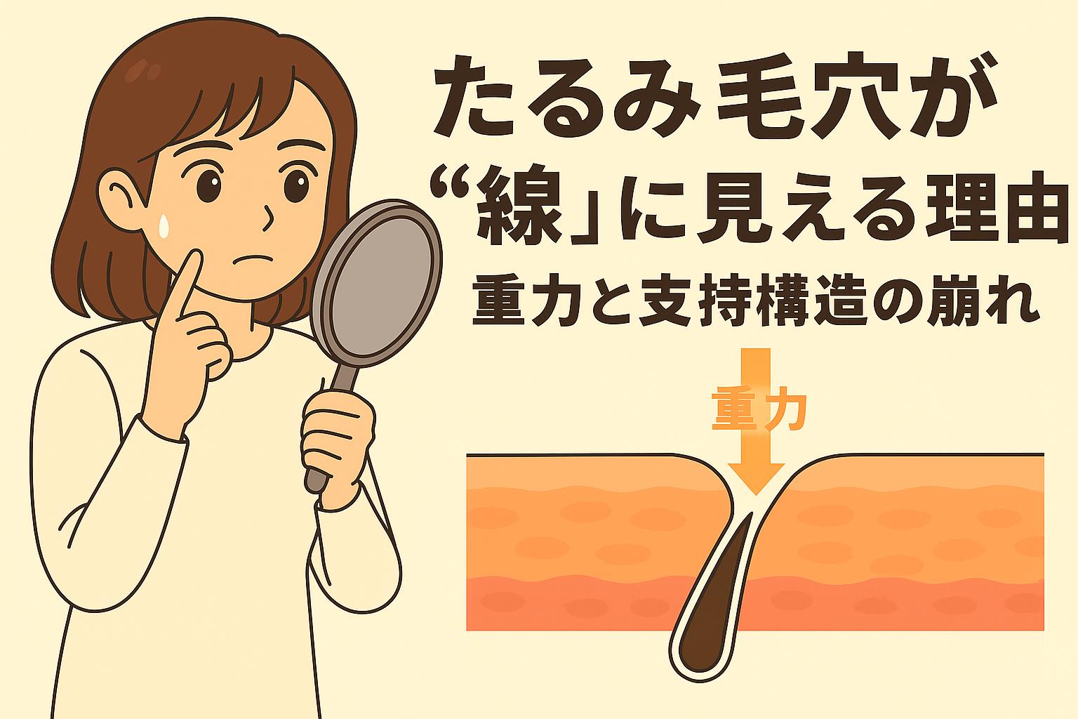 「たるみ毛穴を鏡で確認する女性。右側には皮膚断面図が描かれ、重力の影響で毛穴周囲の支持構造が下がり、毛穴が“線”のように見えるメカニズムを矢印で示して解説するイラスト。」