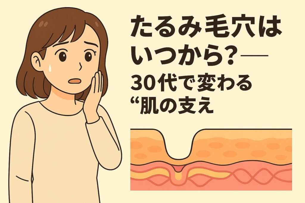 「たるみ毛穴はいつから？──30代で変わる“肌の支え”」をテーマにしたイラスト。左側では鏡を見ながら頬のたるみ毛穴に不安を感じる女性。右側の皮膚断面図には、真皮層のコラーゲンやエラスチンがゆるみ、毛穴の周囲が支えを失って楕円形に広がる様子が描かれている。30代以降に起こる肌のハリ低下が毛穴のたるみに影響する仕組みを示す解説図。