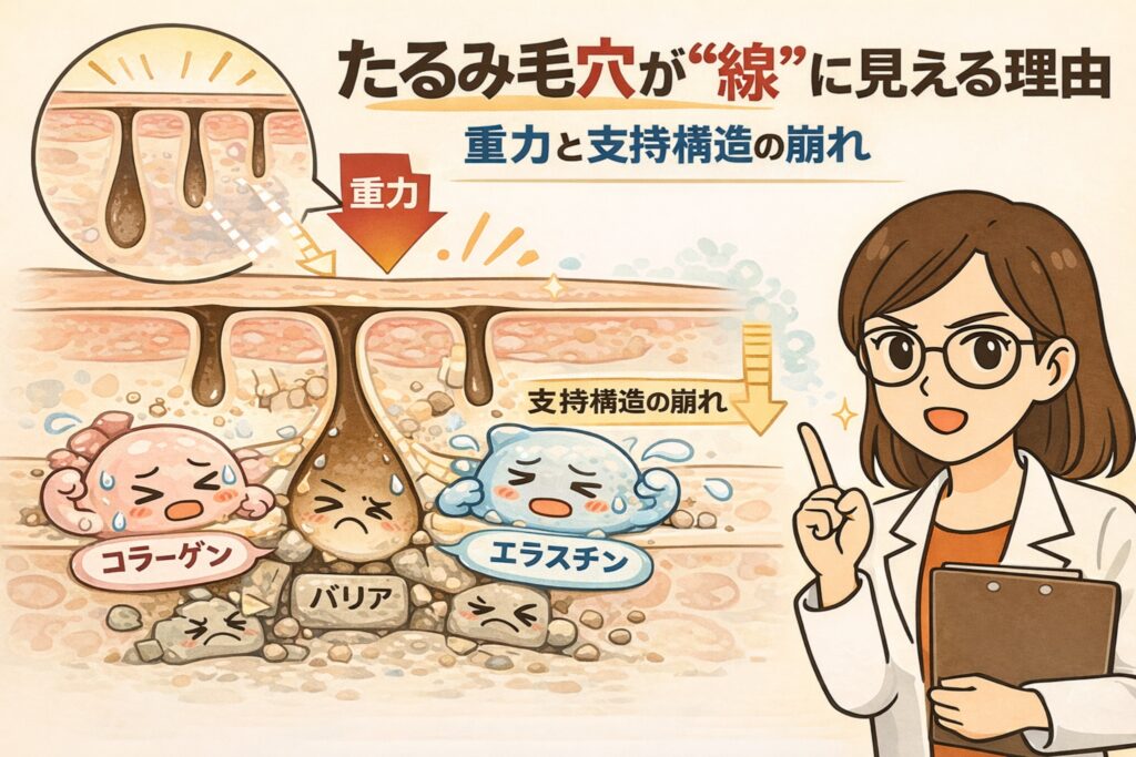 たるみ毛穴が「線」に見える理由を、重力と支持構造の崩れの観点から解説した日本風2Dフラットイラスト。重力によって毛穴が縦に引き伸ばされ、コラーゲンやエラスチン、バリア機能が弱まることで毛穴が連なって見える構造を、断面図と擬人化成分キャラクターで示し、白衣の女性研究者が解説している。