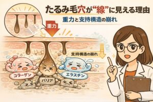 たるみ毛穴が「線」に見える理由を、重力と支持構造の崩れの観点から解説した日本風2Dフラットイラスト。重力によって毛穴が縦に引き伸ばされ、コラーゲンやエラスチン、バリア機能が弱まることで毛穴が連なって見える構造を、断面図と擬人化成分キャラクターで示し、白衣の女性研究者が解説している。