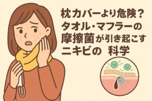 タオルやマフラーの摩擦菌によるニキビ発生をテーマにしたイラスト。茶色い服と黄色いマフラーを着た女性が頬のニキビを気にして不安そうにしている。右下の毛穴断面図には菌と布のイラストが描かれ、摩擦や汚れがニキビを悪化させる構造を表している。テキストには「枕カバーより危険？タオル・マフラーの摩擦菌が引き起こすニキビの科学」と書かれている。