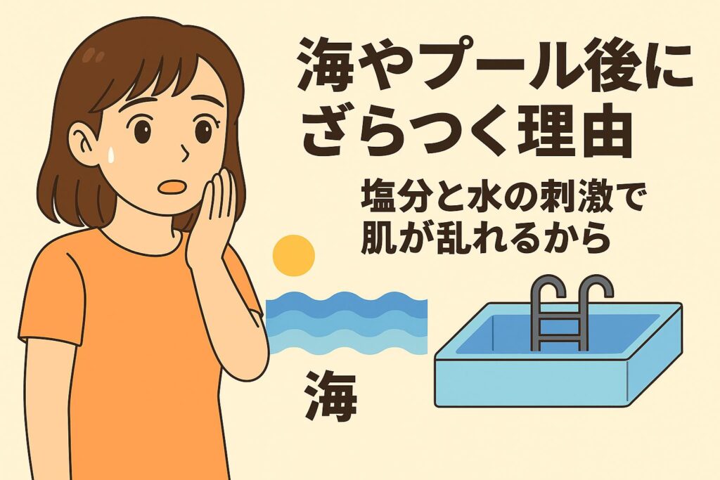 「海やプール後にざらつく理由──塩分と水の刺激で肌が乱れるから」を説明するイラスト。左側では海やプール後の肌ざらつきに驚く女性。右側には海のイラストとプールのイラストが配置され、下部の皮膚断面図では、塩分や水の刺激で角層が乱れ、毛穴まわりのざらつきが起きやすくなる様子が描かれている。