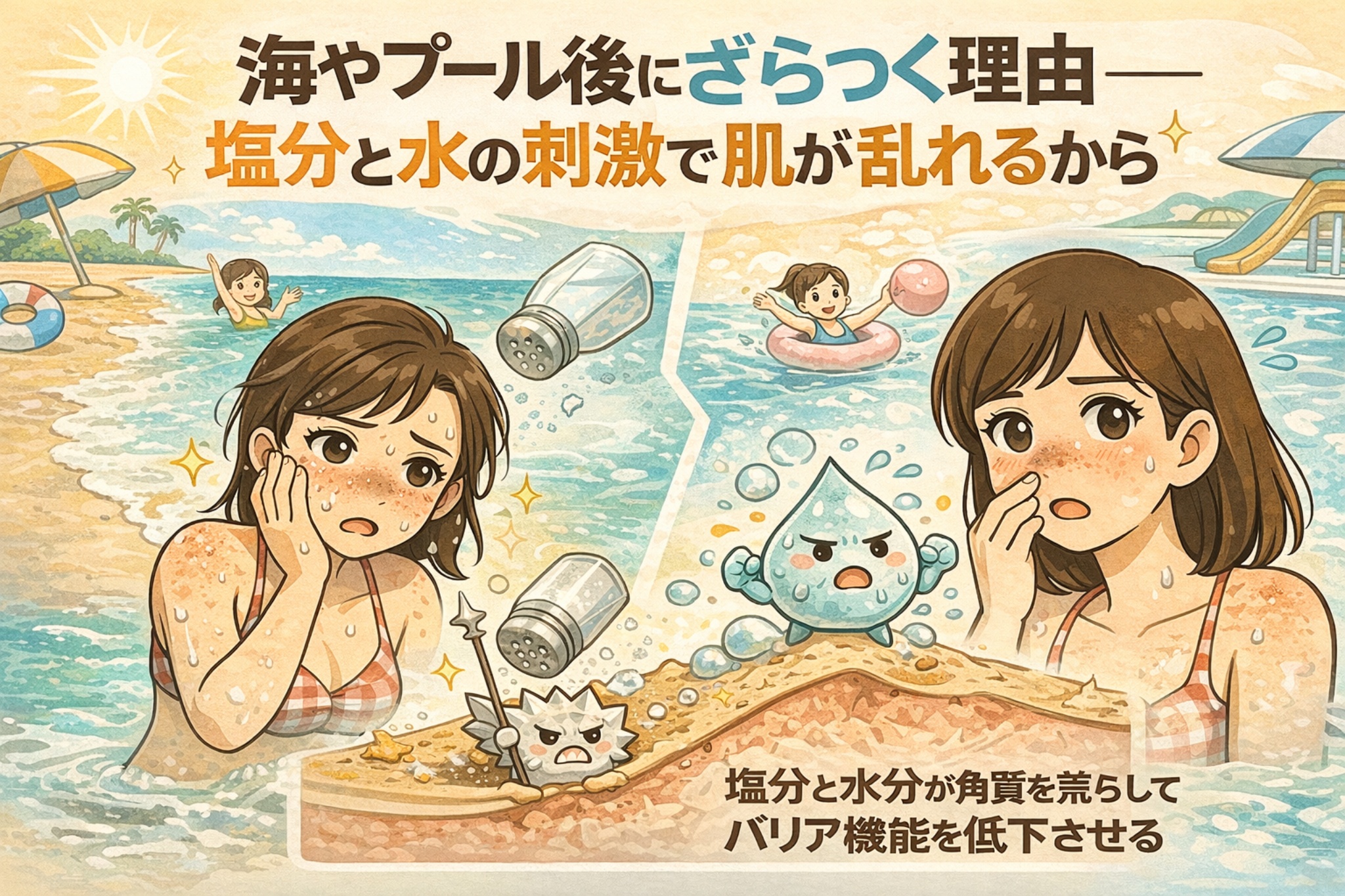 海やプールの後に肌がざらつく理由を解説するイラスト。塩分や水の刺激によって角質が荒れ、肌のバリア機能が低下する様子を、海水・プールと肌断面の対比で表現している。水遊び後に赤みやざらつきを感じる女性の様子と、塩分・水分が角質に与える影響を分かりやすく示した図解。