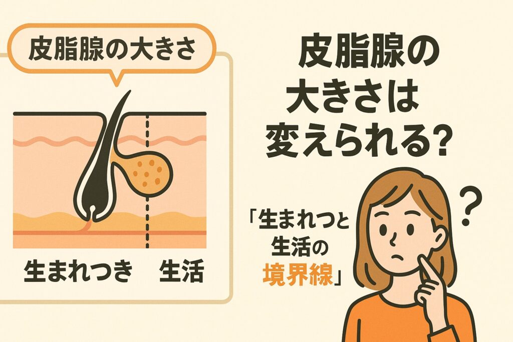 皮脂腺の大きさが変えられるのかをテーマにしたイラスト。オレンジの服の女性が顎に手を当てて考えている。左の図には毛穴断面と「生まれつき」「生活」という文字があり、皮脂腺の大きさが先天的要素と生活習慣によって左右されることを示している。テキストには「皮脂腺の大きさは変えられる？『生まれつきと生活の境界線』」と書かれている。