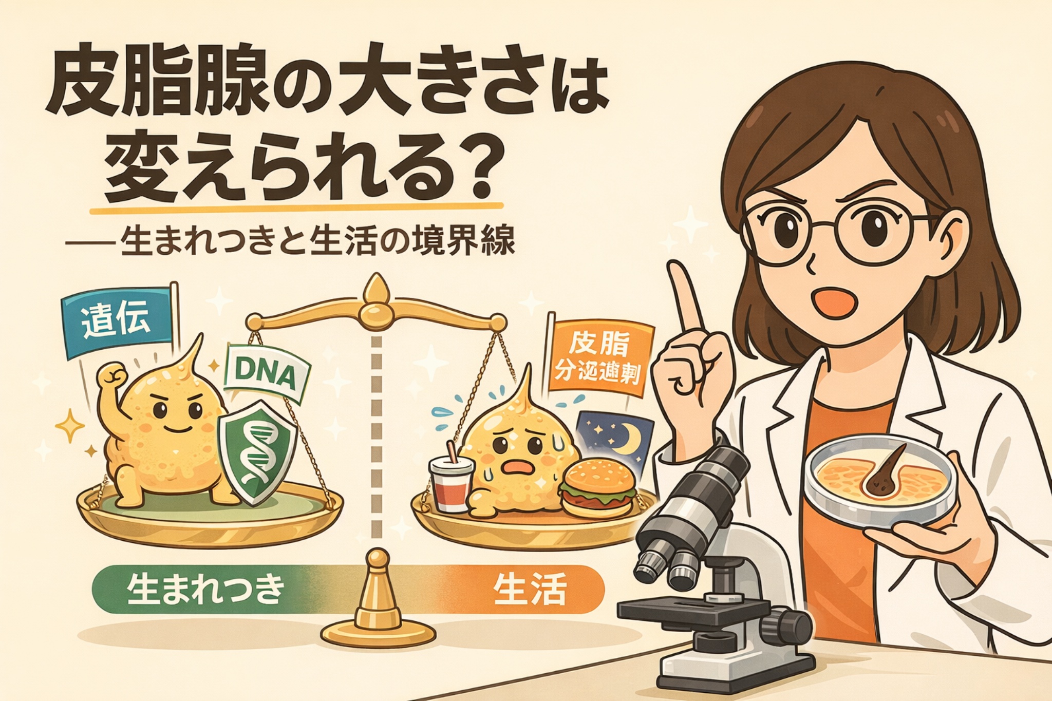 皮脂腺の大きさは変えられるのかを解説する図解イラスト。天秤の左側に「遺伝・DNA・生まれつき」を示す皮脂キャラクター、右側に「生活習慣・皮脂分泌」を示す食事と生活要因の皮脂キャラクターが配置され、白衣と眼鏡の研究者女性が顕微鏡を前に指差しで解説している構図。