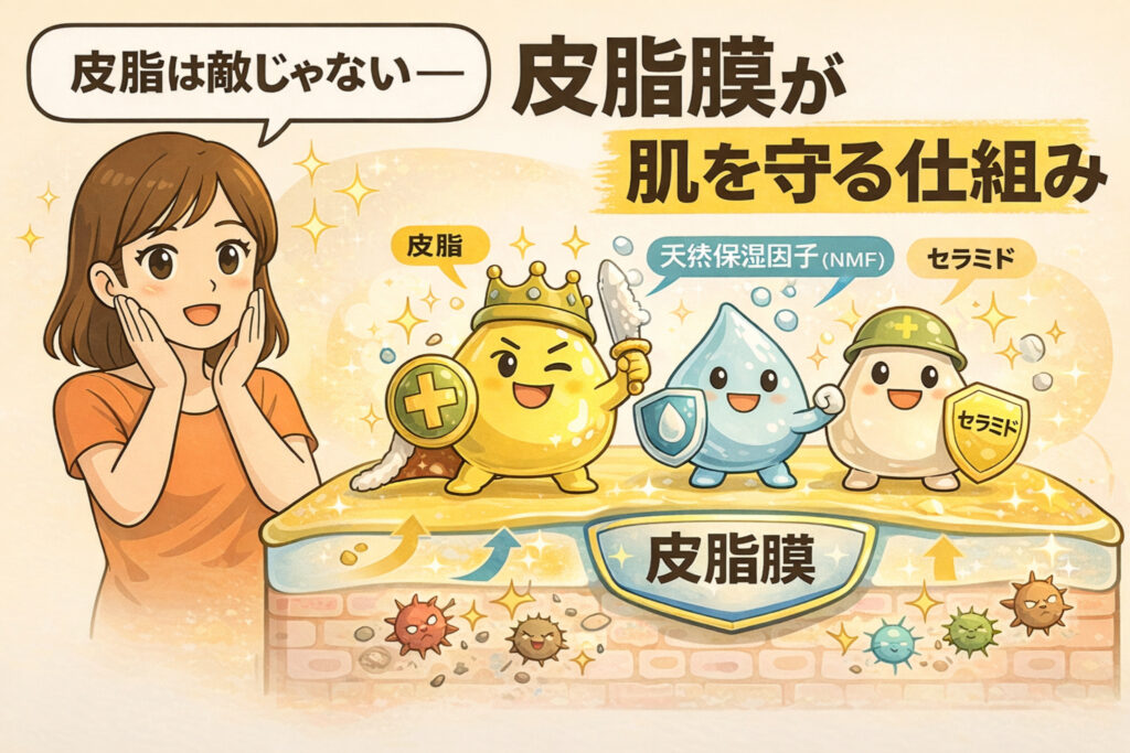 皮脂膜が肌を守る仕組みを図解したイラスト。皮脂・天然保湿因子（NMF）・セラミドが協力してバリア機能をつくり、外部刺激や乾燥から肌を守る様子を、擬人化キャラクターと女性で分かりやすく表現している。