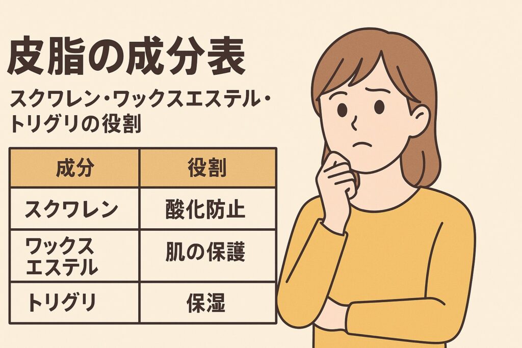 皮脂の主要成分と役割を示したイラスト。左側には表形式で「成分」と「役割」が書かれており、スクワレン＝酸化防止、ワックスエステル＝肌の保護、トリグリ＝保湿と説明されている。右側では黄色い服の女性が顎に手を当て、考える表情をしている。テキストには「皮脂の成分表 スクワレン・ワックスエステル・トリグリの役割」と書かれている。