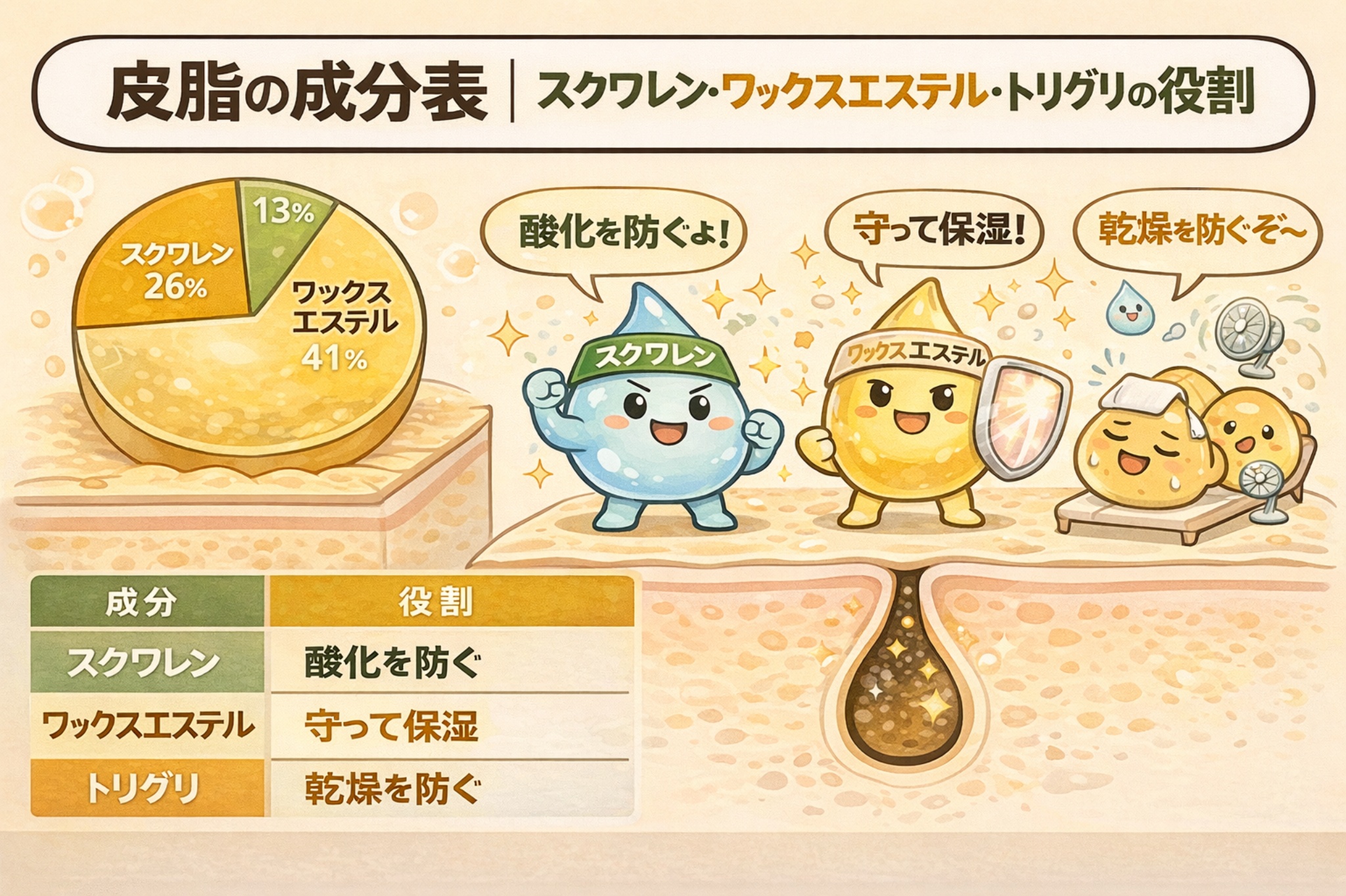 皮脂の成分表を図解したイラスト。円グラフでスクワレン、ワックスエステル、トリグリセリドの割合を示し、それぞれの役割（酸化を防ぐ・守って保湿・乾燥を防ぐ）を擬人化キャラクターで表現。毛穴断面とともに、皮脂が肌を守る仕組みを分かりやすく解説している構図。