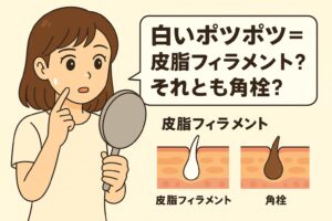 「白いポツポツ＝皮脂フィラメント？それとも角栓？」を説明するイラスト。 左側では鏡を見ながら白いポツポツの正体に悩む女性が描かれている。 右側の皮膚断面図には、白く細い“皮脂フィラメント”と、濃い色で固まった“角栓”が並べて描かれ、それぞれの構造の違いがわかる。 白いポツポツの正体が皮脂なのか角栓なのかを見分けるポイントを示す図。