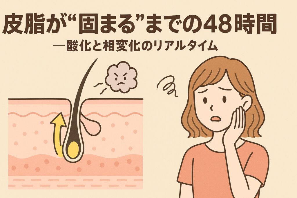 皮脂が酸化して固まるまでの48時間を解説するイラスト。左側には毛穴断面図があり、皮脂が上昇して固まる様子が矢印で示され、煙のような酸化のマークが描かれている。右側ではオレンジの服を着た女性が不安そうに頬を押さえている。テキストには「皮脂が“固まる”までの48時間 ―酸化と相変化のリアルタイム―」と書かれている。