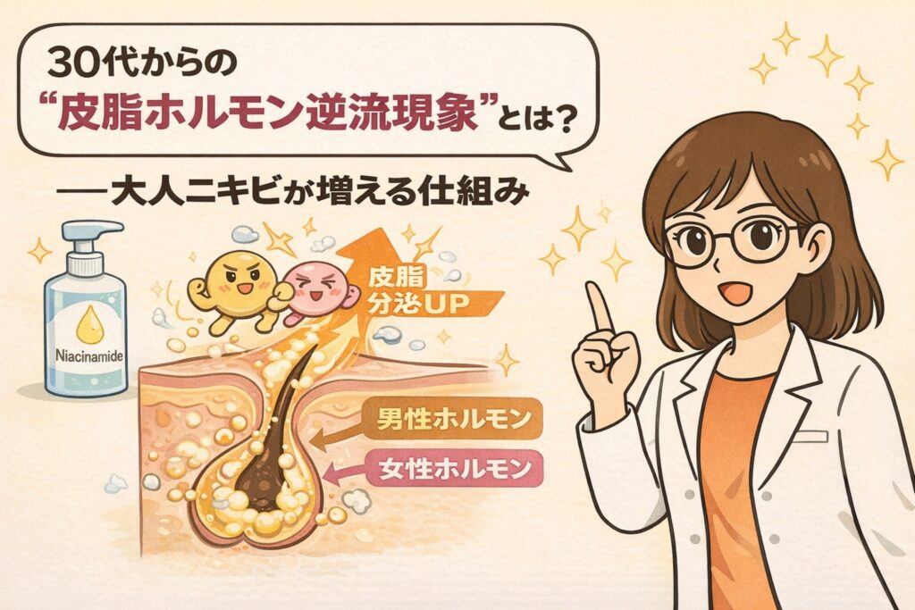 30代から起こる皮脂ホルモン逆流現象を解説する図解イラスト。男性ホルモンと女性ホルモンのバランス変化により皮脂分泌が増え、大人ニキビができやすくなる仕組みを、毛穴断面図と白衣の女性の説明で示している。