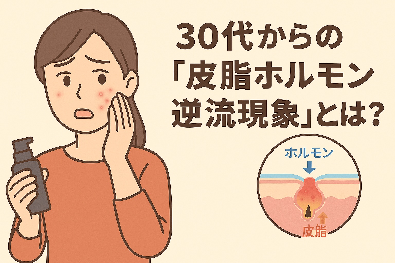 30代からの皮脂ホルモンの変化によるニキビをテーマにしたイラスト。茶色い服の女性が頬のニキビを気にして不安そうな表情でスキンケアボトルを持っている。右下の毛穴断面図には「ホルモン」「皮脂」と書かれ、ホルモンの影響で皮脂分泌が活発になり炎症を起こす様子が描かれている。テキストには「30代からの『皮脂ホルモン逆流現象』とは?」と書かれている。