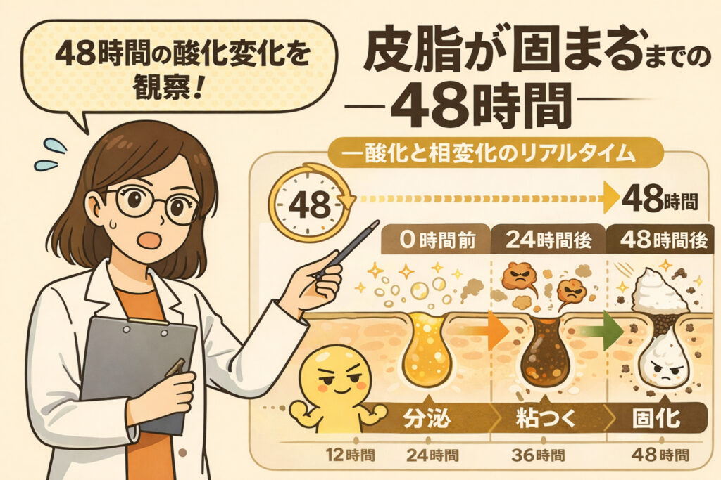 皮脂が分泌されてから酸化し、粘度が上がって固まるまでの48時間の変化を時系列で解説した図解イラスト。0時間・24時間・48時間の段階ごとに、皮脂の状態が変化する様子を、研究者役の女性と擬人化キャラクターで表現している。