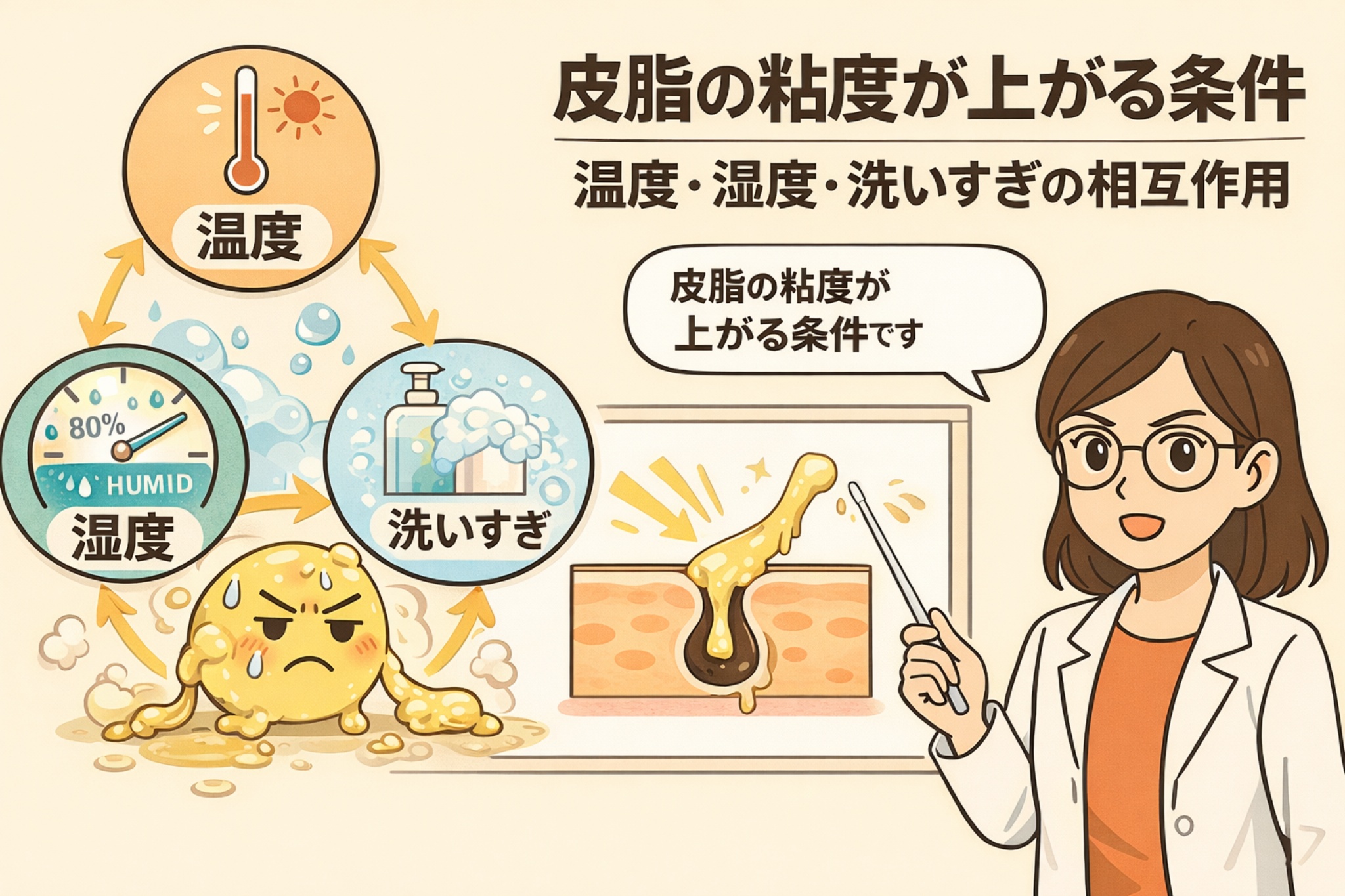 皮脂の粘度が上がる条件を解説した図解イラスト。温度・湿度・洗いすぎが相互に影響し合い、皮脂がドロドロになって毛穴に詰まりやすくなる仕組みを、アイコンと皮膚断面図、白衣の女性の解説で示している。