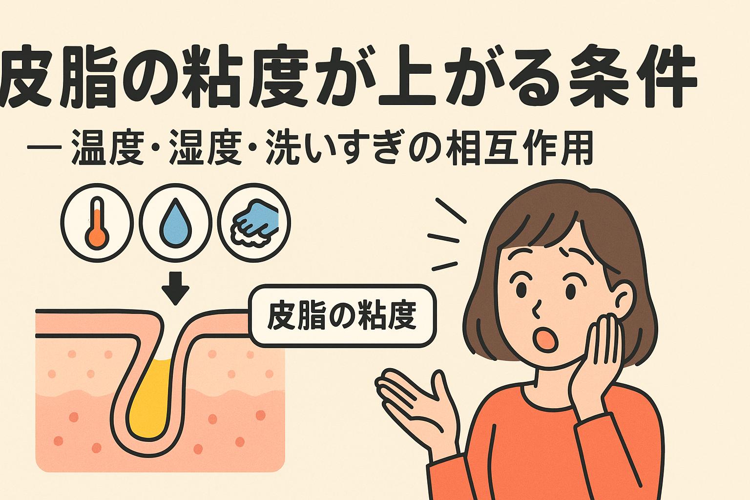 「皮脂の粘度が上がる条件」を説明するイラスト。上部に温度・湿度・洗いすぎを示す3つのアイコンが並び、矢印の下に皮膚断面図が描かれている。毛穴内部に黄色い皮脂が溜まり、“皮脂の粘度”とラベルが付いている。右側には女性が頬に手を当てて驚く表情。温度・湿度・洗顔習慣の相互作用で皮脂が粘りやすくなる様子を視覚的に表現した図。