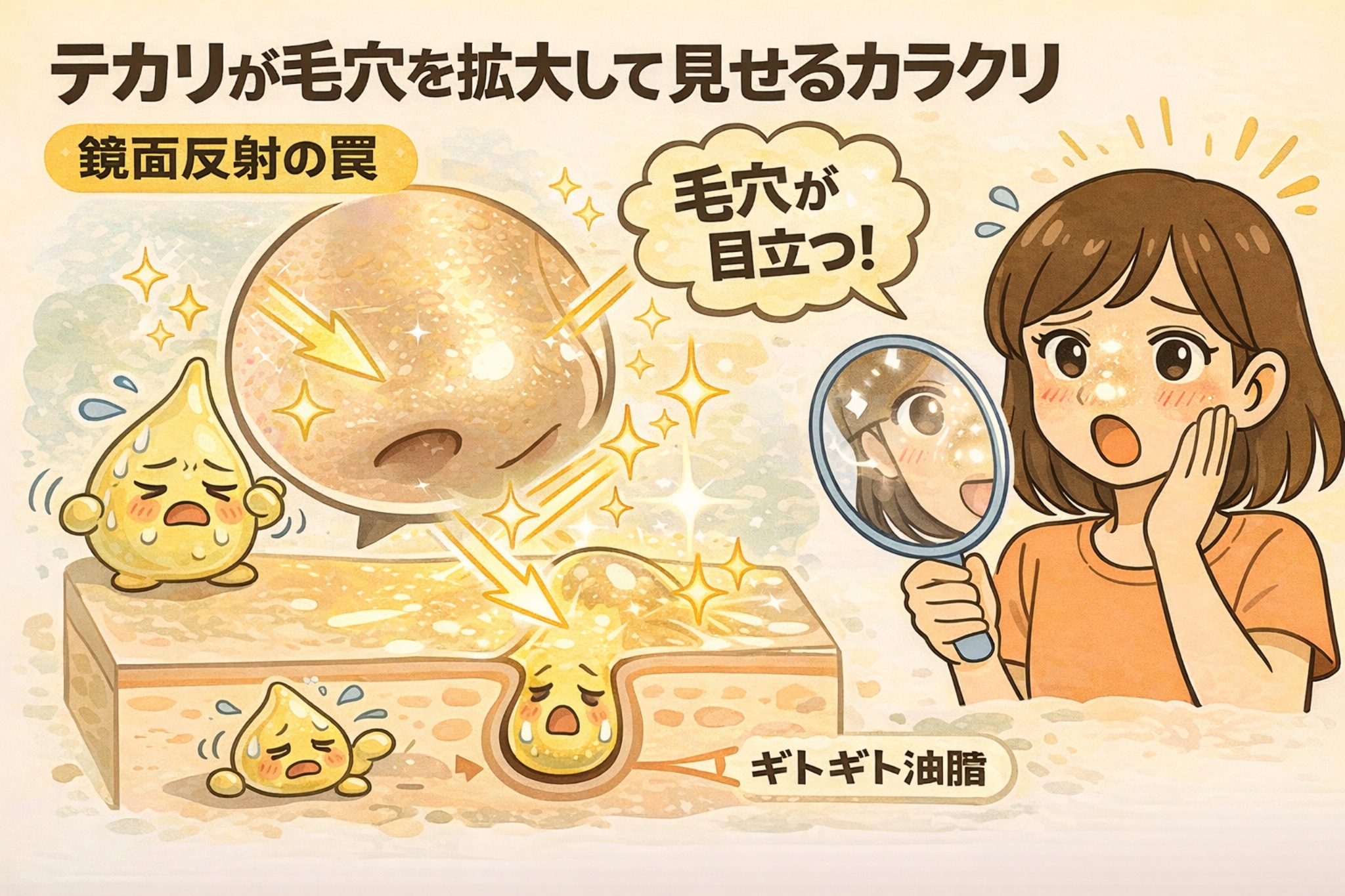 テカリによって毛穴が実際よりも大きく目立って見える仕組みを解説した図解イラスト。肌表面の強い光反射（鏡面反射）により、ギトギトした油膜が毛穴の影を強調し、拡大して見える様子を、毛穴断面と擬人化キャラクターで表現している。鏡で自分の肌を見て驚く女性の構図を通して、「テカリ＝毛穴が目立つ」視覚トリックを分かりやすく示している。