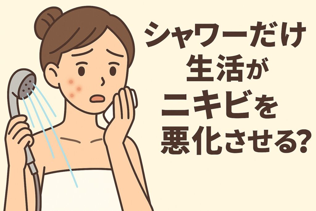 シャワーだけの生活がニキビを悪化させる可能性をテーマにしたイラスト。タオルを巻いた女性がシャワーヘッドを持ち、頬のニキビを気にしている。右側のテキストには「シャワーだけ生活がニキビを悪化させる？」と書かれ、血行不足や皮脂酸化を示唆する内容になっている。