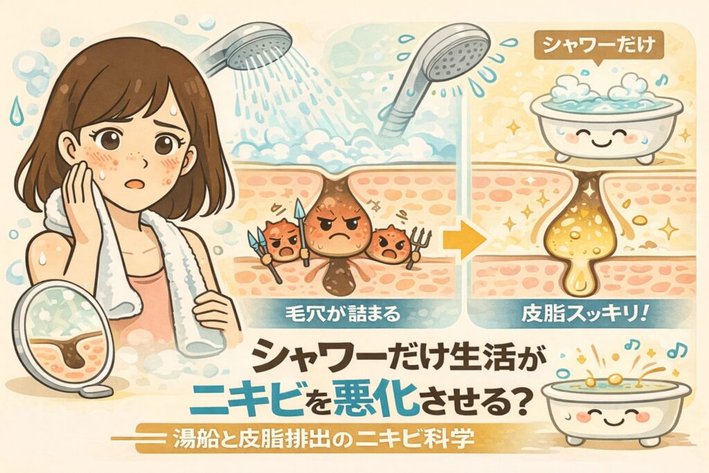 シャワーだけの生活がニキビを悪化させる可能性を、毛穴と皮脂排出の仕組みから解説するイラスト。シャワーでは毛穴が十分に開かず皮脂が詰まりやすい状態と、湯船につかることで皮脂が流れやすくなる対比を、毛穴断面図と悩む女性の姿でわかりやすく表現している。