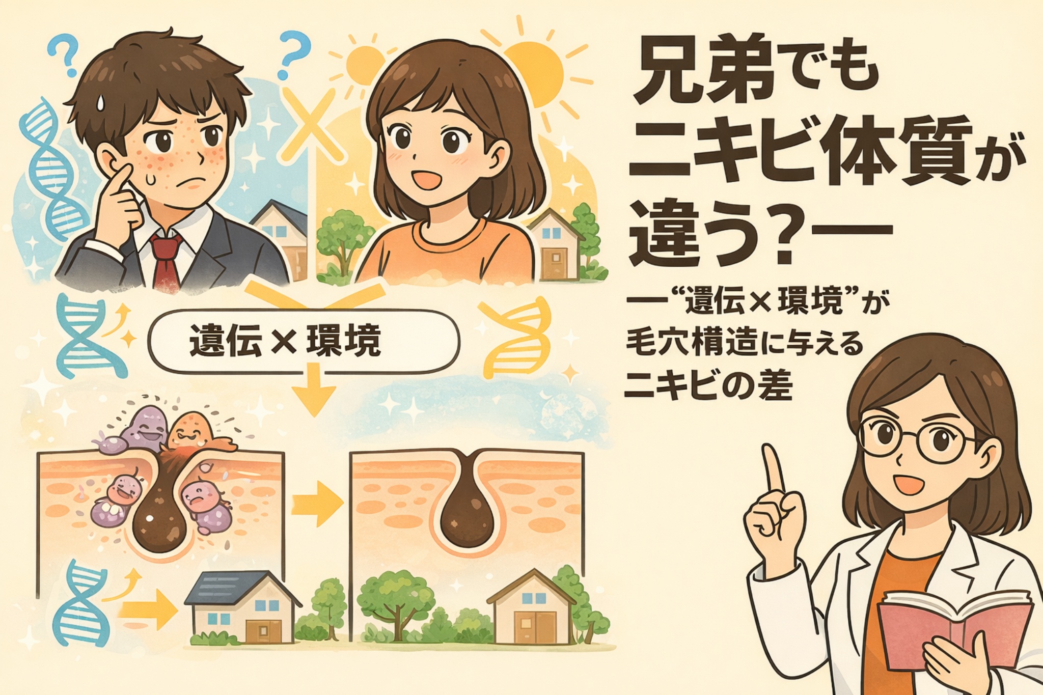 兄弟でもニキビ体質が異なる理由を、遺伝と生活環境の違いから解説した図解イラスト。毛穴構造の比較とともに、遺伝×環境がニキビの出やすさに影響する仕組みを専門家が説明している。