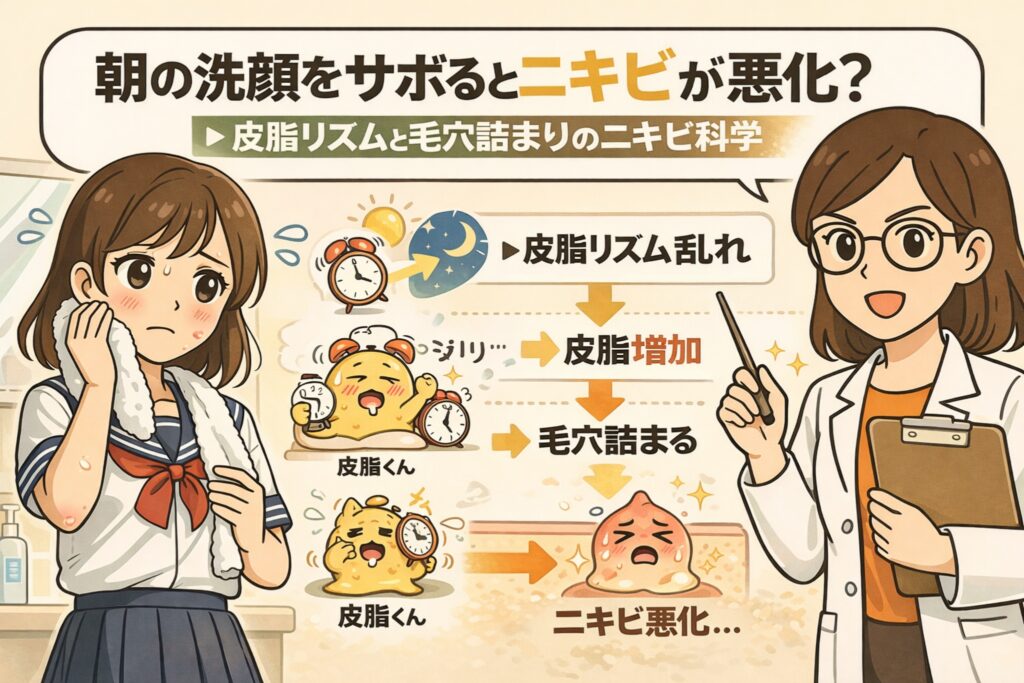 朝の洗顔を省くことで皮脂リズムが乱れ、皮脂分泌が増加して毛穴が詰まり、結果的にニキビが悪化する仕組みを解説したイラスト。悩む学生と、皮脂リズム・毛穴詰まり・ニキビ悪化の流れを図解で説明している。