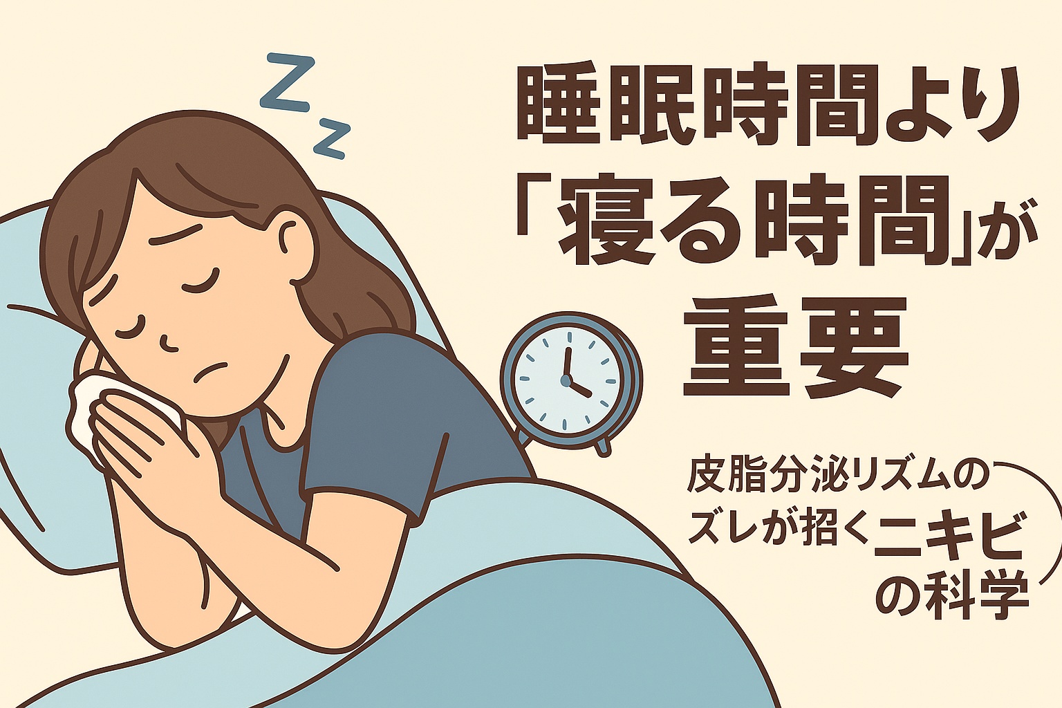 睡眠のタイミングとニキビの関係をテーマにしたイラスト。青い服の女性が布団で眠っており、横には時計が描かれている。右側のテキストには「睡眠時間より『寝る時間』が重要」とあり、下には「皮脂分泌リズムのズレが招くニキビの科学」と書かれている。皮脂リズムの乱れによるニキビ悪化を示す内容。