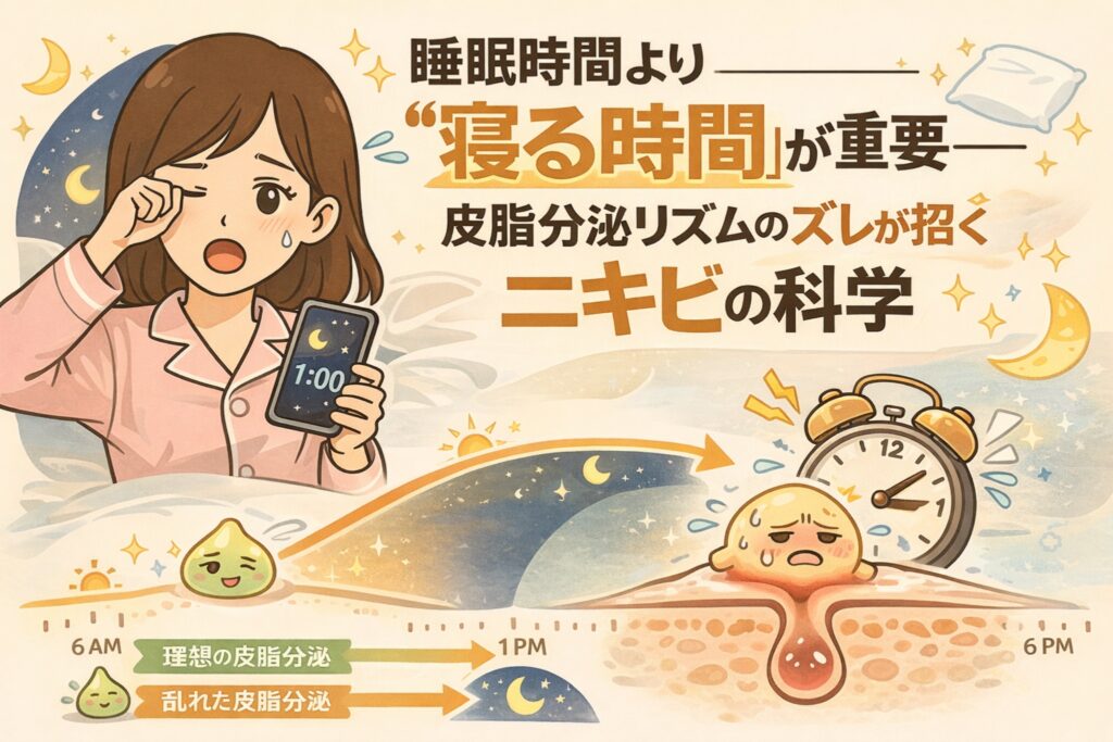 睡眠時間の長さよりも「寝る時間」が重要であることを解説するイラスト。夜更かししている女性と時計のモチーフを用い、皮脂分泌リズムの乱れがニキビにつながる仕組みを、時間帯ごとの皮脂分泌の違いと毛穴断面図で分かりやすく示している。