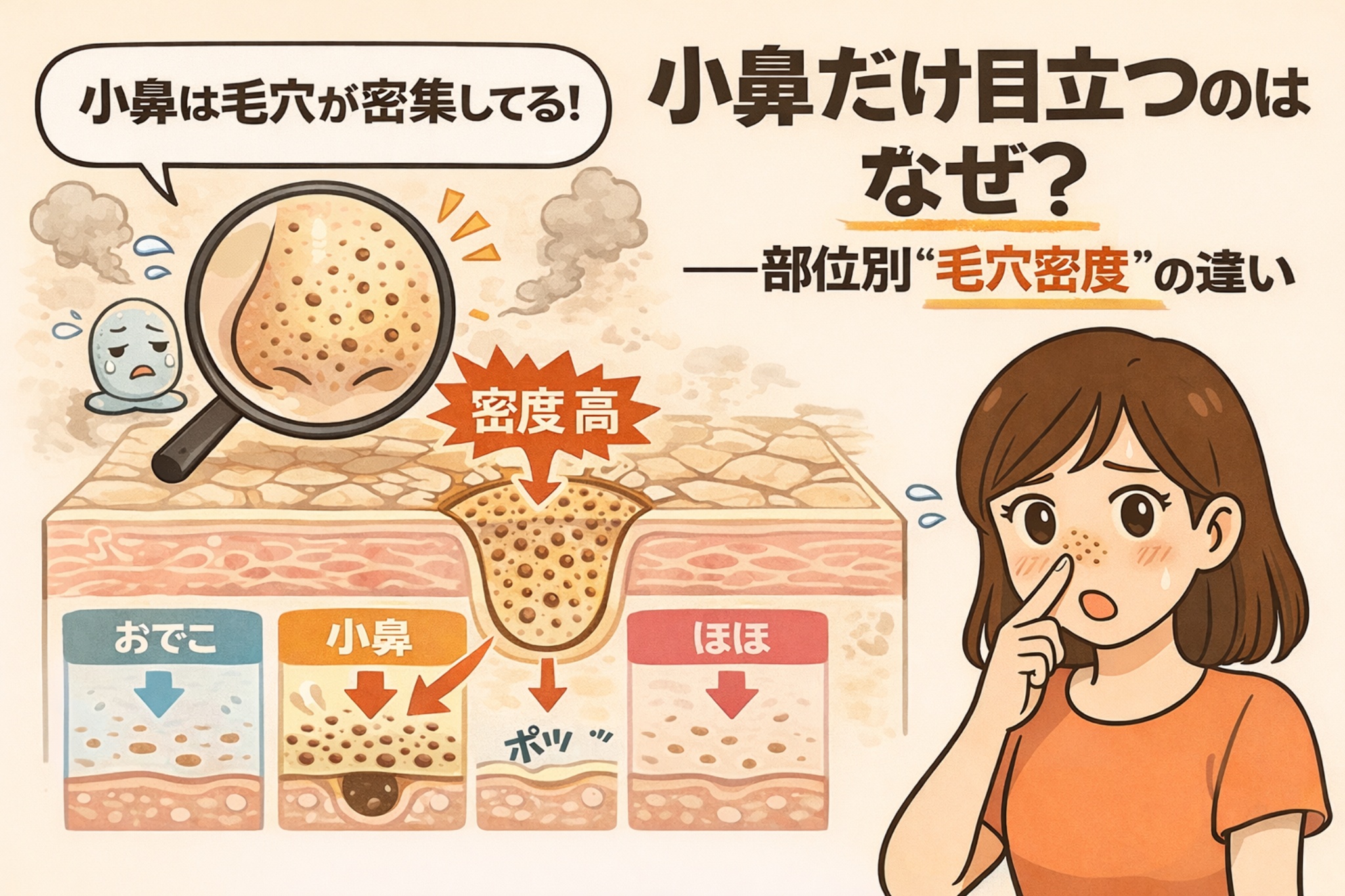 小鼻だけ毛穴が目立つ理由を、部位別の毛穴密度の違いとして解説したイラスト。小鼻は毛穴が密集しているため、同じ皮脂量でも黒ずみや詰まりが目立ちやすいことを、拡大図と毛穴断面図で表現。おでこ・小鼻・ほほの毛穴密度の違いを比較し、構造的な理由を視覚的に示している。