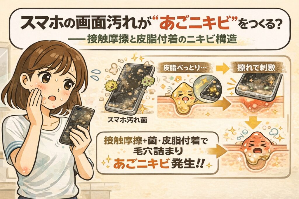 スマートフォンの画面汚れが、あごニキビの原因になる仕組みを解説したイラスト。皮脂や菌が付着したスマホ画面が肌と接触・摩擦することで刺激が起こり、毛穴詰まりからあごニキビが発生する流れを、人物と毛穴断面の図解で示している。