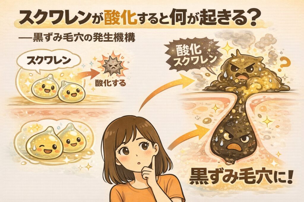 スクワレンが酸化すると黒ずみ毛穴ができる仕組みを解説したイラスト。皮脂中のスクワレンが酸化し、角栓が黒く変化して毛穴に詰まるまでの過程を、キャラクター表現と毛穴断面図で示している。