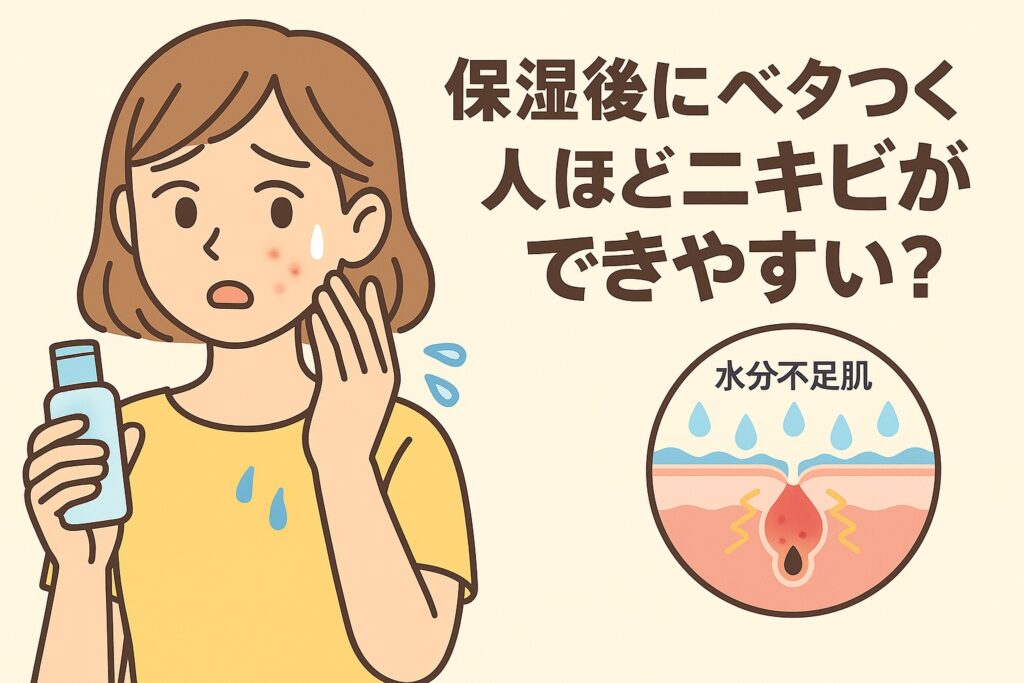 保湿後にベタつく人ほどニキビができやすい理由を描いたイラスト。黄色い服の女性が頬のニキビを気にしながら驚いた表情で保湿ボトルを持っている。右下の毛穴断面図には「水分不足肌」と書かれ、肌の水分バランスが崩れて皮脂過多や炎症を引き起こしている様子が描かれている。テキストには「保湿後にベタつく人ほどニキビができやすい？」と記載されている。