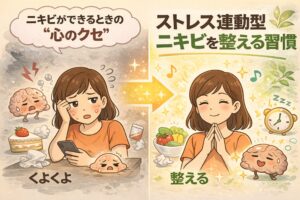 ニキビができるときの「心のクセ」と、ストレスを整えてニキビを予防する習慣を対比したイラスト。左側ではスマホや甘いものに気を取られてストレスを抱える女性と荒れた状態の脳キャラクターが描かれ、右側では食事・睡眠・リラックスによって心と脳を整え、ニキビが落ち着く様子が明るく表現されている。