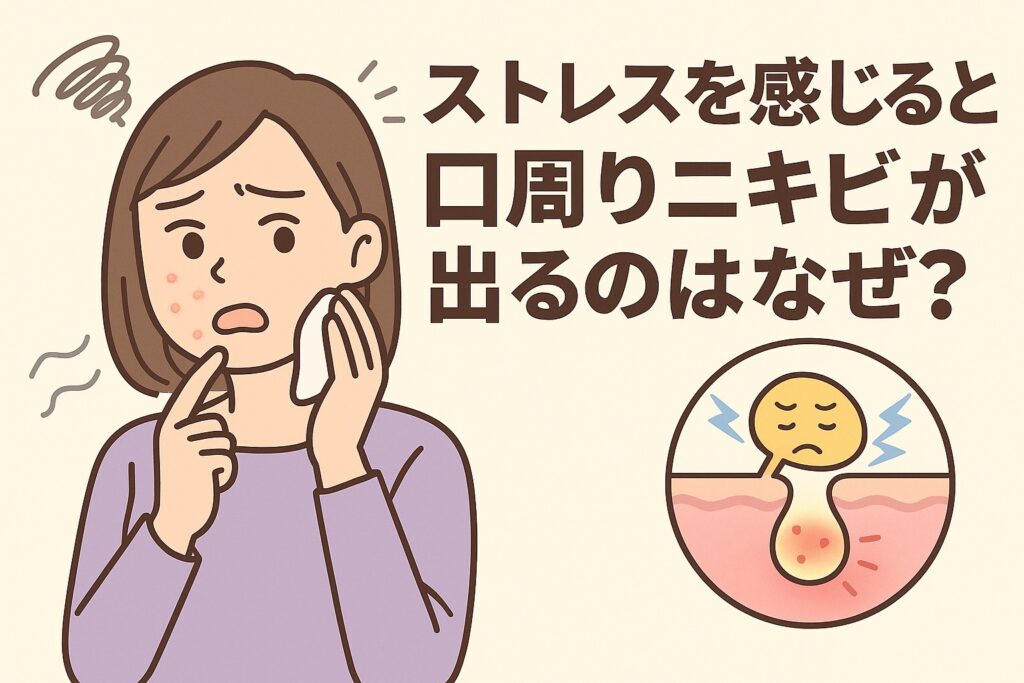 ストレスによる口周りのニキビ発生をテーマにしたイラスト。紫の服を着た女性が口元のニキビを気にして困った表情をしている。右下の毛穴断面図にはストレスを表す表情のキャラクターが描かれ、ホルモンバランスの乱れと炎症を示している。テキストには「ストレスを感じると口周りニキビが出るのはなぜ？」と書かれている。