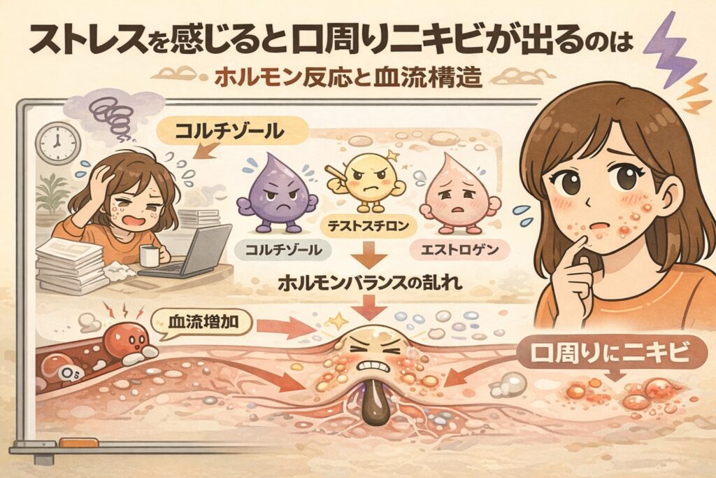ストレスを感じると口周りにニキビができやすくなる理由を、ホルモン反応と血流構造の視点から解説したイラスト。仕事のストレスを受けた女性と、コルチゾール・テストステロン・エストロゲンの擬人化キャラクターを用いて、ホルモンバランスの乱れと血流増加が毛穴に影響し、口周りニキビにつながる仕組みを毛穴断面図で示している。