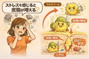 ストレスを感じると皮脂が増える仕組みを解説した図解イラスト。ストレスによるコルチゾール分泌が皮脂分泌を高め、毛穴の詰まりやニキビ発生につながる流れを、キャラクターと毛穴断面図で分かりやすく表現している。