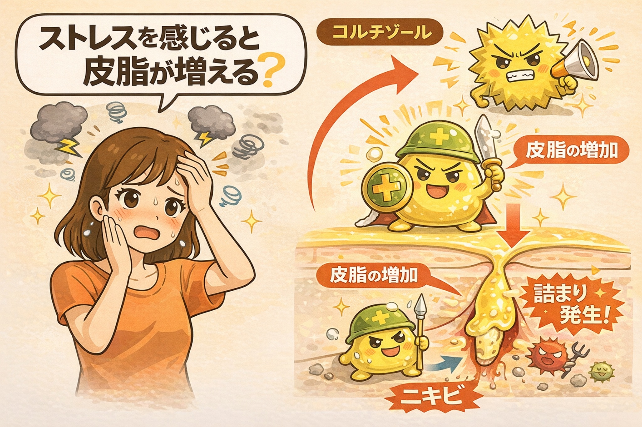 ストレスを感じると皮脂が増える仕組みを解説した図解イラスト。ストレスによるコルチゾール分泌が皮脂分泌を高め、毛穴の詰まりやニキビ発生につながる流れを、キャラクターと毛穴断面図で分かりやすく表現している。