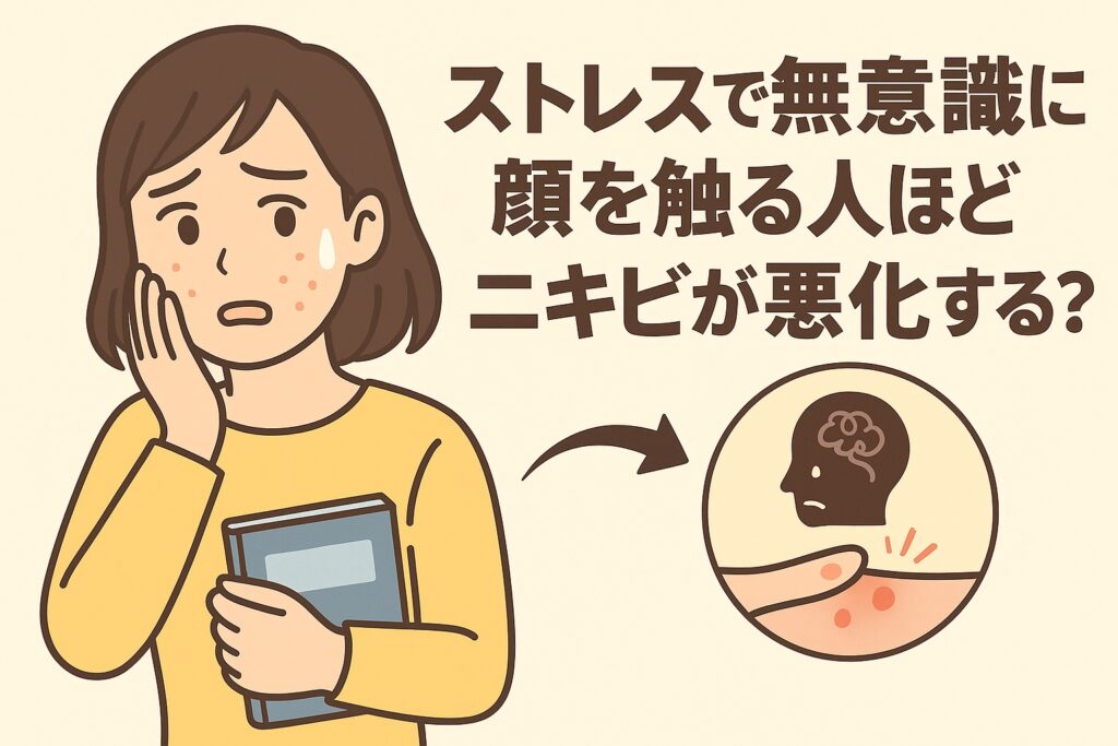 ストレスによって無意識に顔を触ることがニキビを悪化させる仕組みを描いたイラスト。黄色い服の女性が頬のニキビを気にしながら本を抱えている。右側の図では、ストレスを受けた脳と顔を触る手のイラストが描かれ、触れることで炎症が悪化する構造を示している。テキストには「ストレスで無意識に顔を触る人ほどニキビが悪化する？」と書かれている。