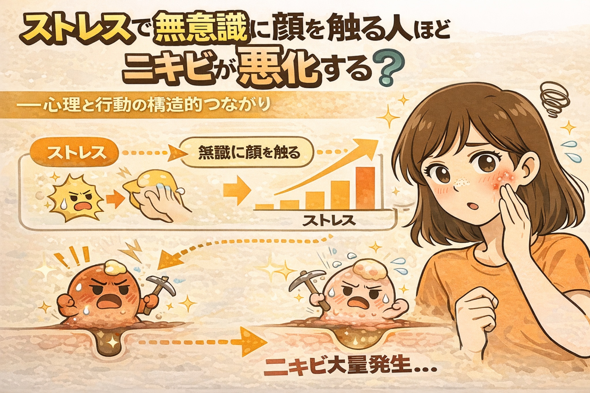 ストレスが高いほど無意識に顔を触る行動が増え、その結果ニキビが悪化する仕組みを解説した日本風2Dフラットイラスト。ストレス→顔への接触→毛穴炎症→ニキビ大量発生という心理と行動の連鎖を、グラフ・矢印・擬人化毛穴で視覚的に示し、頬を気にする女性の様子を描いている。